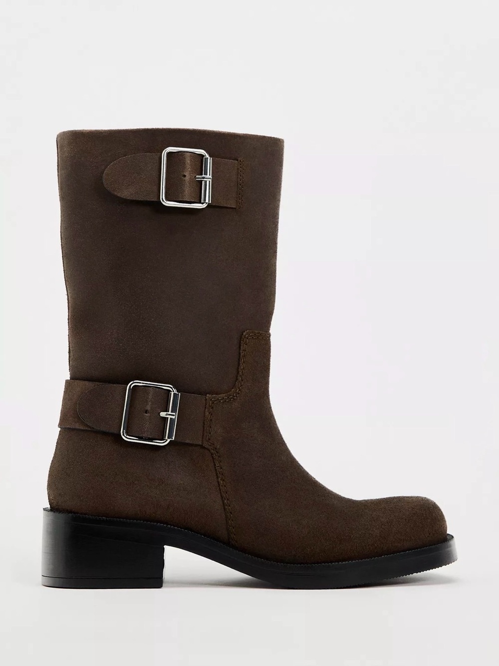 Zara Dark Brown Suede Mid-Calf Buckle Boots